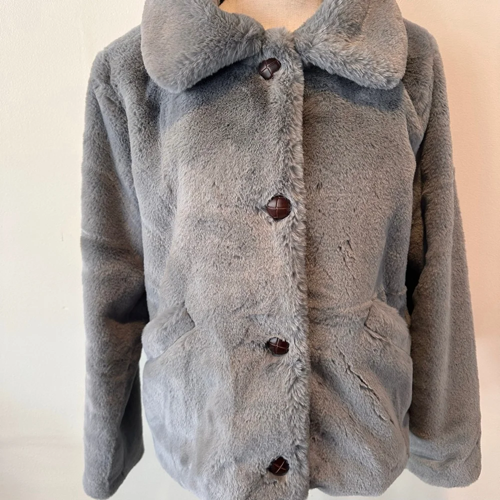 Fat Face (UK) Silver-Grey Faux Fur Jacket | Y2K Minimal Luxe Coat | US 8/ UK 12 - Picture 2 of 13
